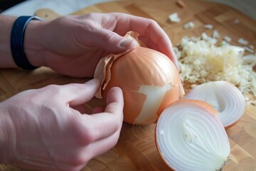 individual peeling the outer layer of an onion at a table