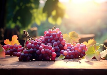 A wooden board adorned with ripe grapes and leaves, creating a charming display. - obrazy, fototapety, plakaty