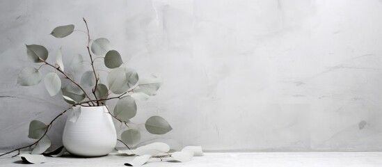 Eucalyptus branches with eucalyptus leaves on white marble background