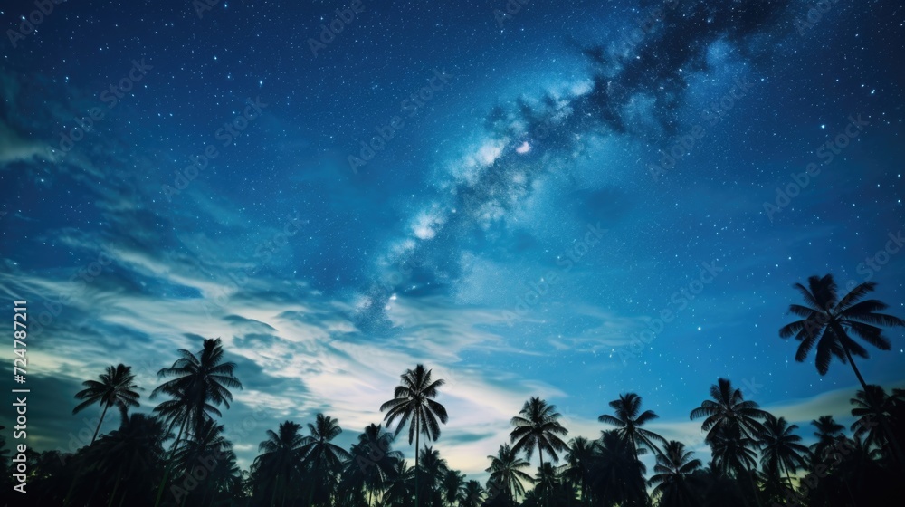 Poster a stunning night sky filled with twinkling stars and silhouetted palm trees. perfect for adding a to