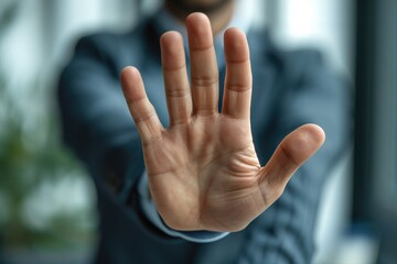 Business man corporate worker making hand gesture not agreeing to a statement or refusing, Not accepting a deal in an office at work. Generative AI.