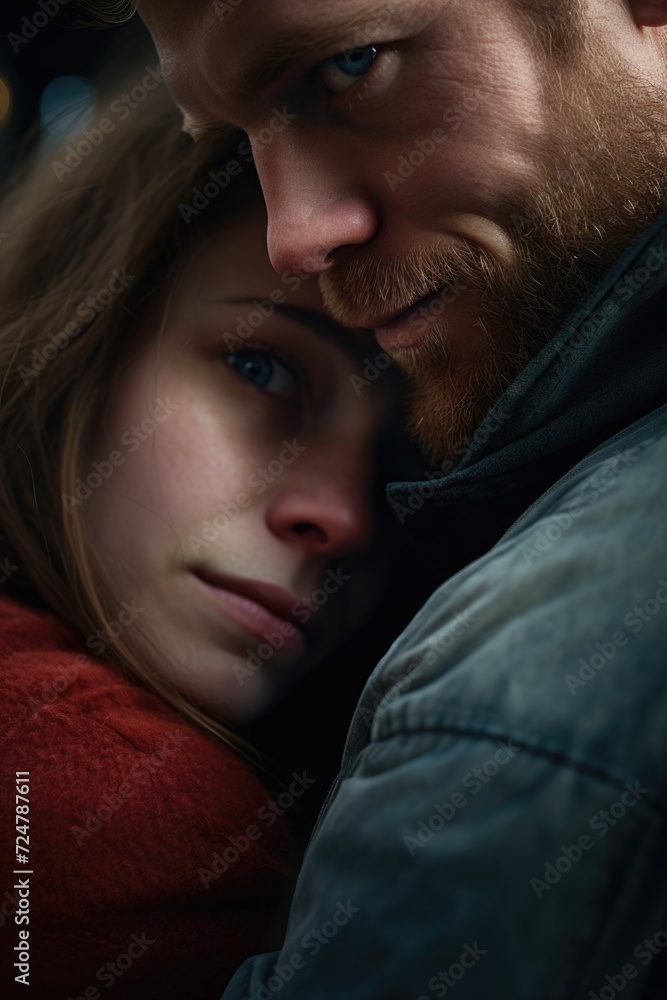 Poster a touching image of a man and woman embracing each other. suitable for illustrating love, relationsh