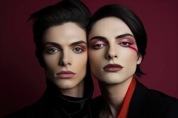 closeup of two transgender models featuring bold makeup, with one in a black turtleneck and the other in a red collar
