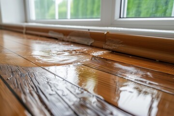 closeup of water damage on a wooden floor near a window