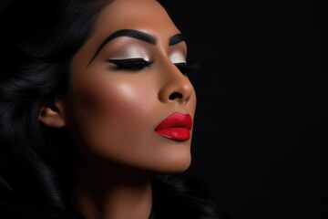 closeup portrait of a model with immaculate makeup, highlighting striking red lips and perfectly contoured features