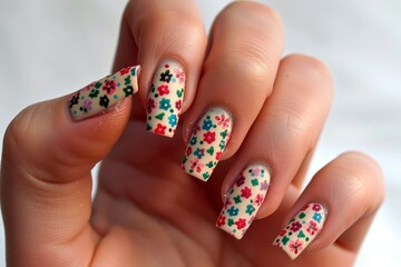 fingers with a mix of solid and flowerpatterned nails