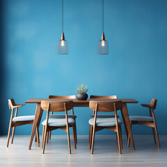 Mid-century style interior design of modern dining room with a wooden table and chairs against blue wall	