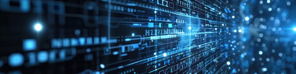Fototapeta premium Computer background with lines of binary code. Blue computer code background with digital elements