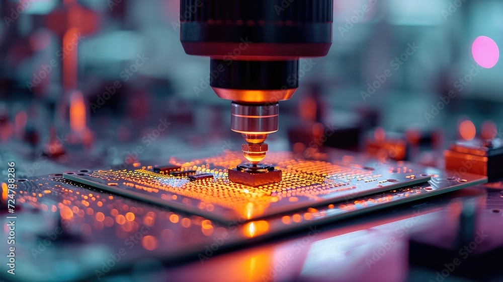 Poster silicon dies are being attached to substrate by pick and place machine on semiconductor factory, com