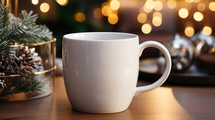 A blank white 11-ounce coffee mug with no art on the mug on a wooden table with blurred Christmas background.