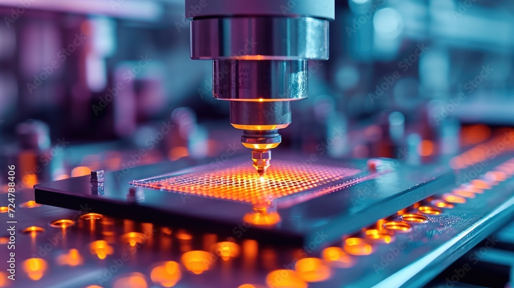 Poster Silicon Dies are being Attached to Substrate by Pick and Place Machine on Semiconductor Factory, Computer Chip Manufacturing, Semiconductor Packaging Process. Generative AI.