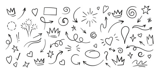Fototapeta na wymiar Set of cute pen line doodle element vector. Hand drawn doodle style collection of heart, arrows, scribble, speech bubble, star. Cute isolated collection for office