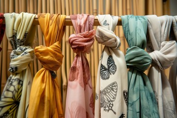 lightweight scarves with butterfly patterns draped over an ecofriendly bamboo rack