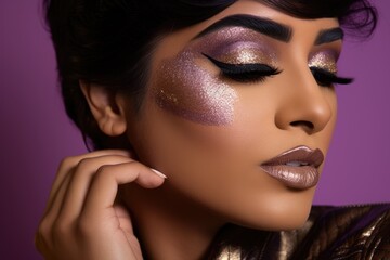closeup portrait of a model with shimmering, glitter adorned makeup, highlighting the detailed artistry and allure of a dramatic look