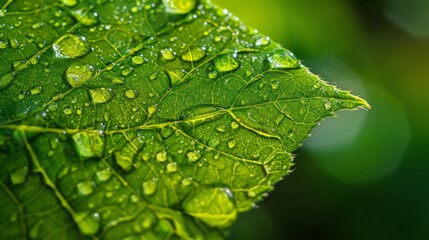 Water drops on a green leaf, nature background