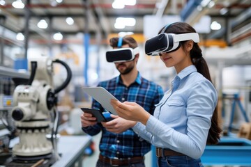 Businesswoman wearing VR glasses with colleague using tablet PC in factory 