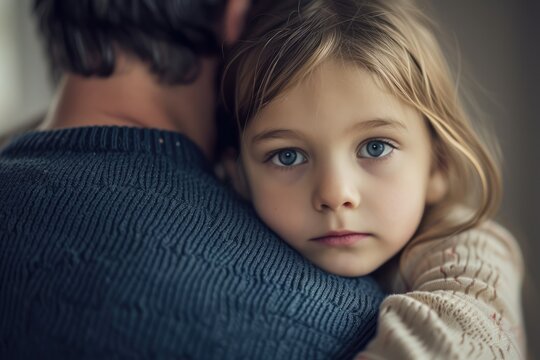 Candid image of a serious little girl lovingly draping her arms around her father's neck. Focus is on her solemn little expression. 