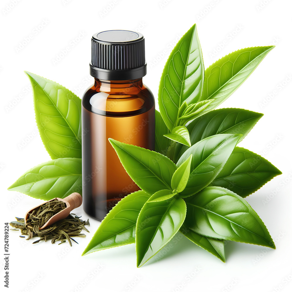 Wall mural green tea leaves and bottle with essential oil on white background