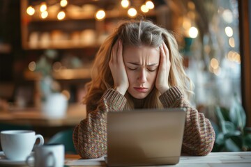 Female Feeling Pulsing Headache After Drinking Coffee And Staring At Digital Tablet Screen 