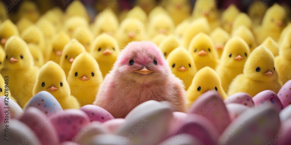 Poster a group of small yellow and pink chicks. suitable for various projects and themes
