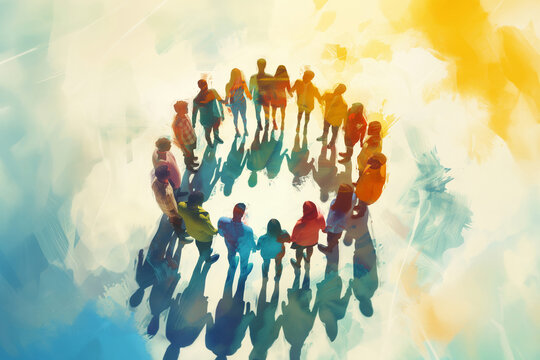 colorful illustration of diverse business team standing in circle, concept for teamwork and creativity, generative AI