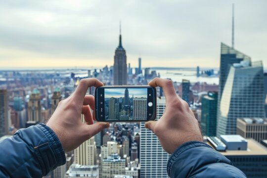 Man taking picture of New York cityscape with smartphone 