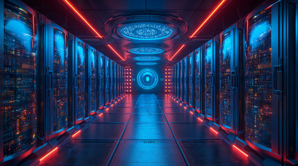 Futuristic super computing server room with large servers, wires and buttons. Data storage, cloud storage, mining farm, Generative AI - obrazy, fototapety, plakaty