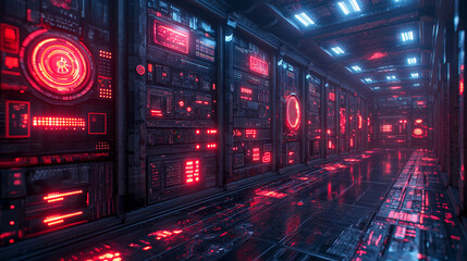 Futuristic super computing server room with large servers, wires and buttons. Data storage, cloud storage, mining farm, Generative AI
