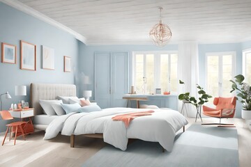 Explore the tranquil beauty of a minimalist bedroom adorned in soothing sky blue, crisp white, and hints of coral, in high definition