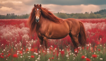 horse in the field - obrazy, fototapety, plakaty