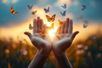 A person releases delicate butterflies into the vast open sky, connecting with the beauty of nature through their outstretched hand - obrazy, fototapety, plakaty