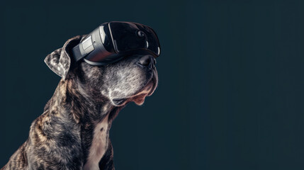 Dog wearing Virtual reality headset. VR, metaverse worlds, modern technologies, gadget for online games