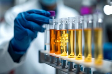 A scientist conducts experiments in a sterile laboratory, carefully measuring drops of golden liquid into a test tube