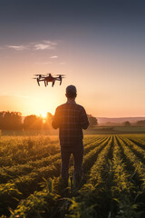 Rear view of young Farmer with drone on the field
