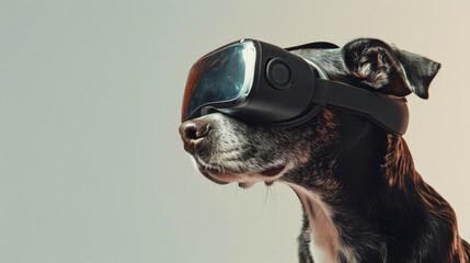 Dog wearing Virtual reality headset. VR, metaverse worlds, modern technologies, gadget for online games