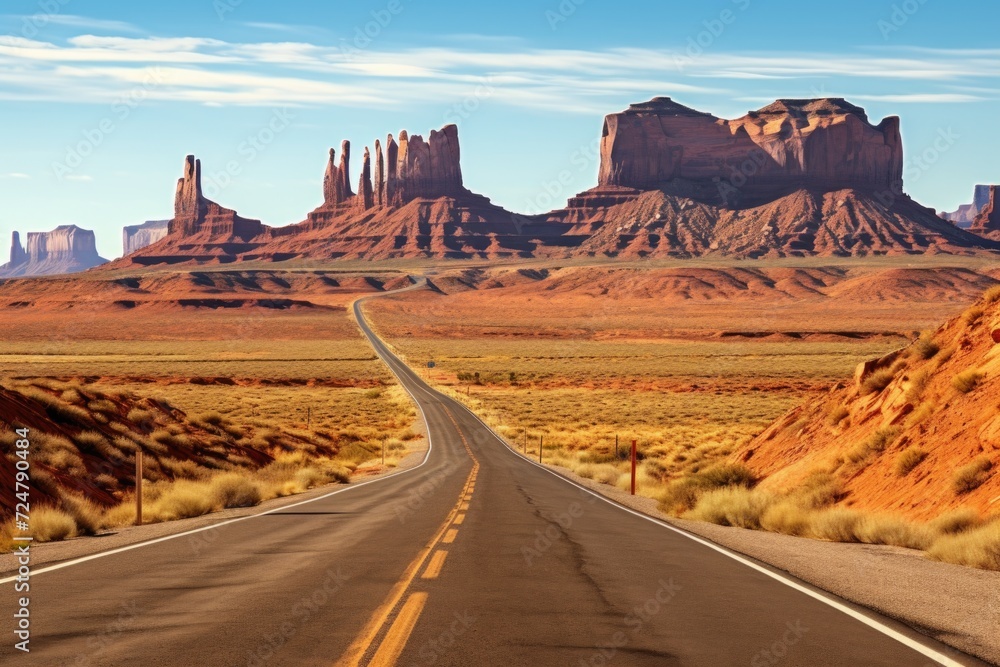 Poster a serene image of an empty road stretching through a vast desert landscape. perfect for illustrating