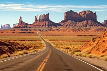 A serene image of an empty road stretching through a vast desert landscape. Perfect for illustrating concepts of solitude, adventure, and exploration.
