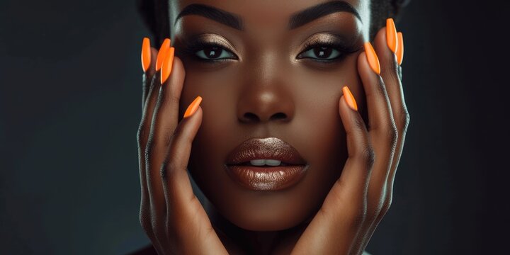 beautiful black african fashion woman model with orange nails