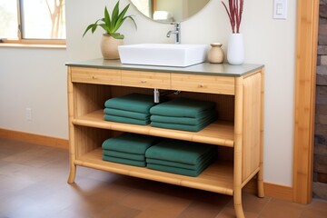 bamboo bathroom vanity with green towels folded on it