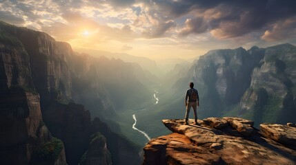 A fearless adventurer stands on the edge of a sheer cliff overlooking a vast canyon, the sheer scale of the landscape emphasizing the insignificance of man - obrazy, fototapety, plakaty