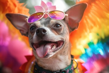 A stylish chihuahua proudly dons a pair of sunglasses and a trendy garment, making them the ultimate fashion-forward pet