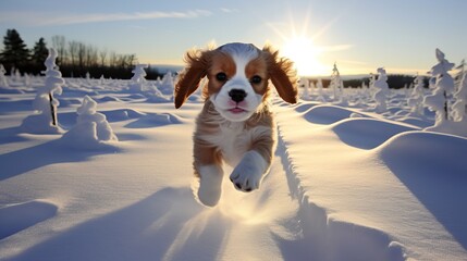 Adorable cavalier king charles spaniel puppy enjoying playful winter fun in the snow - obrazy, fototapety, plakaty