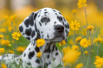 A dalmatian's serene gaze captures the beauty of nature as it rests among a sea of vibrant yellow flowers in a peaceful grassy field