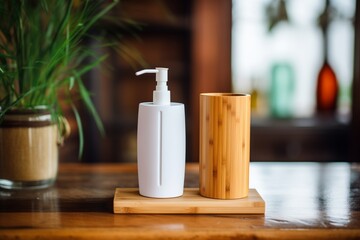 a high angle shot of bamboo lotion dispenser on wooden table