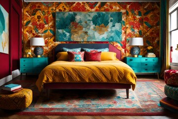 Eclectic interior design bedroom filled with a mix of vibrant patterns and colors, including ruby...