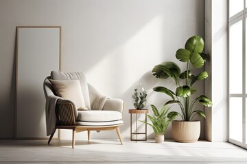 Modern room design, armchair furniture, and plants define a minimalist space
