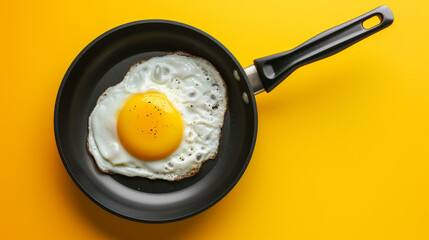 top view of omelette fried egg in a black frying pan isolated on yellow background, copy space for text - obrazy, fototapety, plakaty