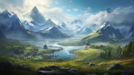 Fototapeta na wymiar A beautiful RPG world to which you want to move and admire its beauty and breathtaking views game art