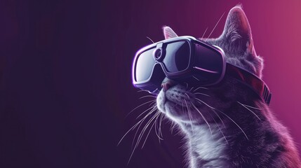Naklejka premium Cat wearing Virtual reality headset. VR, metaverse worlds, modern technologies, gadget for online games
