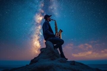Under the starry night sky, a lone figure sits on a rocky perch, serenading the landscape with the soulful notes of his saxophone - obrazy, fototapety, plakaty